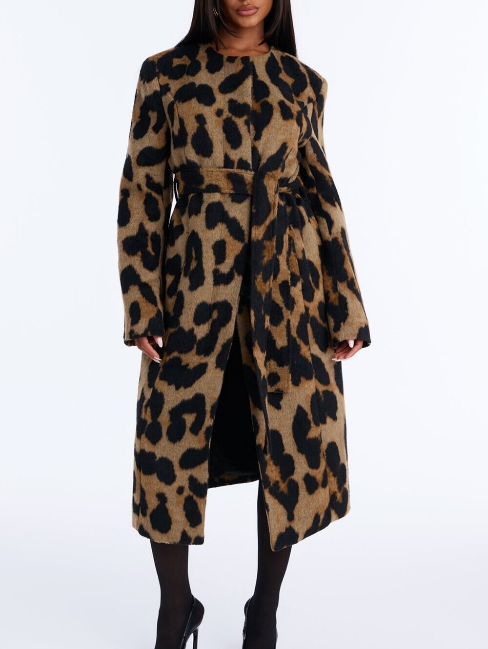 Leopard Print Tie-Waist Long Coat in Tan and Black